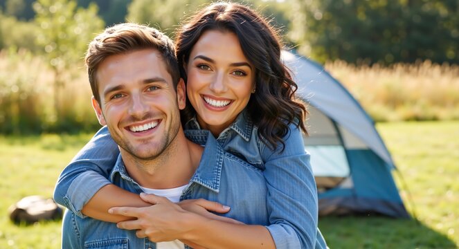 Happy young couple enjoying a camping trip outdoors. Man giving woman a piggyback ride near a blue tent. Summer vacation and romance concept