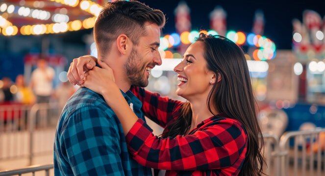 Happy young couple smiling and embracing at an amusement park at night. Romantic date at a funfair with colorful bokeh lights