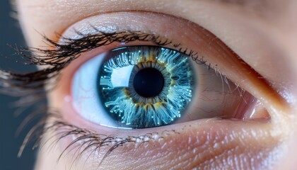 Fototapeta premium A captivating macro photograph of a beautiful bright blue human eye, revealing the intricate patterns and textures of the iris and pupil