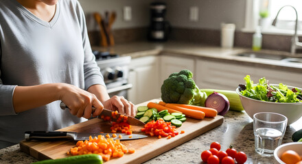 Woman chopping fresh vegetables on a wooden cutting board for a healthy meal preparation in a bright kitchen