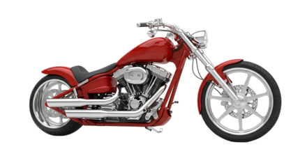 Shiny red custom chopper motorcycle with chrome accents and intricate engine details isolated on a transparent background