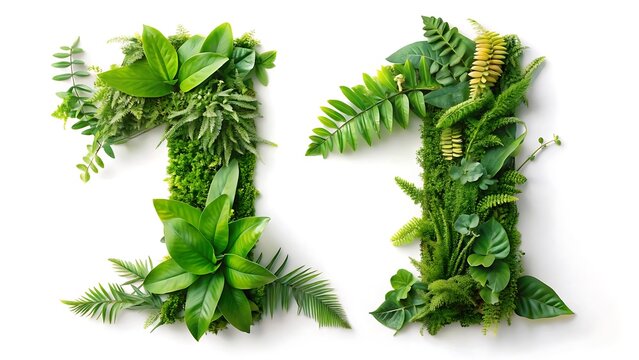 Number eleven formed by lush green leaves and ferns