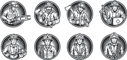 A collection of firefighter icons in black and white vintage vector style, ideal for emergency services branding and education