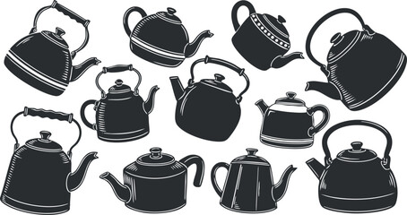 A collection of various kettles and teapots in black and white vector style, perfect for kitchen and culinary designs