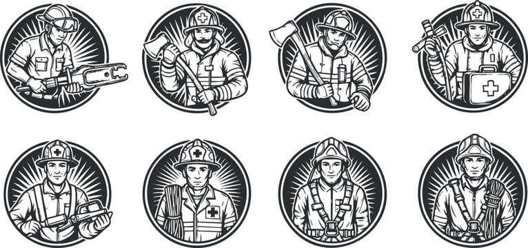 A collection of firefighter icons in black and white vintage vector style, ideal for emergency services branding and education