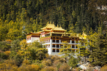 Beatiful Viewpoint of Chongu Temple in the Daocheng Yading Nature Reserve in Sichuan, China