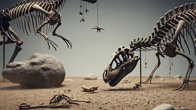 Dinosaur Skeletons in Brown Desert Landscape with Suspended Figure and Gray Background Fossil Remains Scene