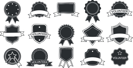 A collection of volunteer badges and award icons in black and white outline vector style, ideal for community service recognition and event branding