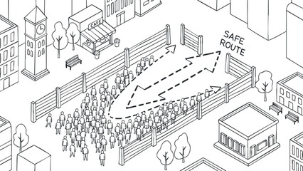 Fototapeta premium A crowd of people navigating a safe route in a cityscape illustration, depicted in minimalist black and white vector style, ideal for urban planning projects