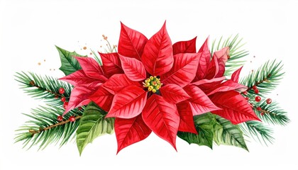 Watercolor Christmas Poinsettia Arrangement with Pine Branches and Berries.