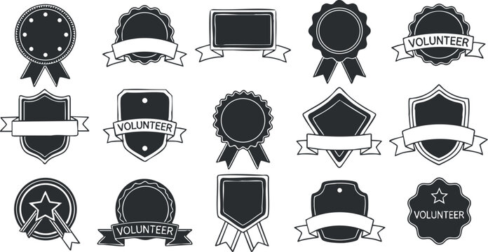 A collection of volunteer badges and award icons in black and white outline vector style, ideal for community service recognition and event branding