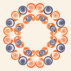 Circular pattern of orange and blue swirls and circles