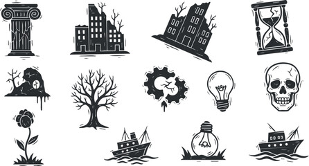 Obraz premium A collection of black and white vector icons featuring a skull, lightbulb, tree, flower, hourglass, city ruins, and more, perfect for graphic design projects