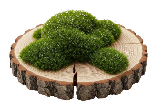 Moss arrangement on wooden slice nature isolated on transparent background