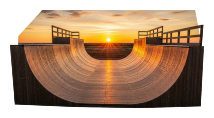 Skateboarding action at sunset skatepark ramp view relaxed isolated on transparent background
