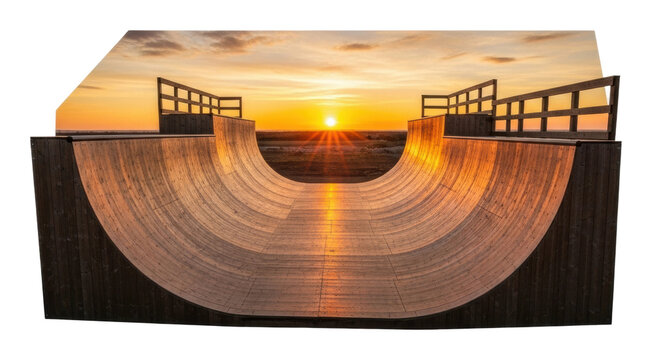 Skateboarding action at sunset skatepark ramp view relaxed isolated on transparent background