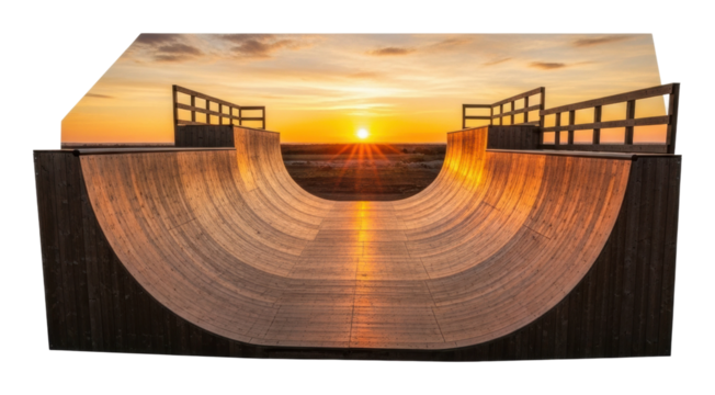 Skateboarding action at sunset skatepark ramp view relaxed isolated on transparent background