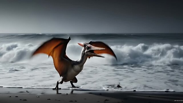 Dramatic Pterodactyl Standing on Dark Sandy Beach with Crashing Ocean Waves Under Moody Grey Sky