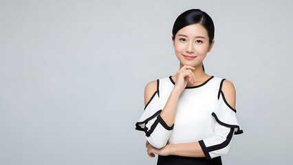Thoughtful and confident young Asian professional woman smiling, contemplating ideas with her hand on her chin in a clean studio environment
