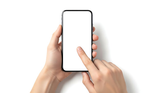 Woman's hands holding and using a modern smartphone with a blank white screen for mockup purposes, isolated on a clean white background
