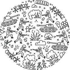 Obraz premium A collection of soldiers and tanks in outline vector style depicting combat scenes, ideal for military-themed designs or educational materials