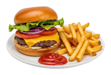 Enjoy delicious cheeseburger and fries meal diner food isolated on transparent background