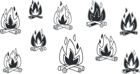 Fototapeta premium A collection of campfire icons featuring flames and logs in black and white minimalist vector style, ideal for outdoor adventure themes