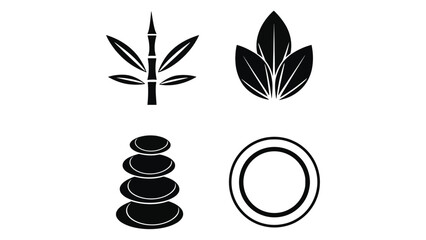 Four black and white spa icons featuring bamboo leaves and stones