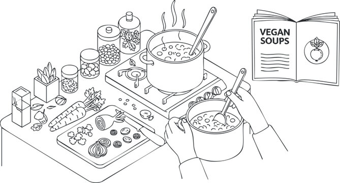 A person cooking vegan soup in a kitchen setting, featuring fresh ingredients and a recipe book in minimalist black and white line art style