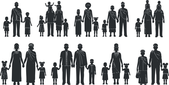 A collection of diverse family silhouette illustrations featuring multiple generations holding hands in black vector style, suitable for social themes and community representation