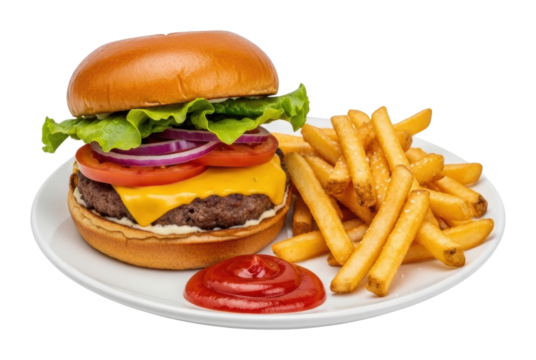 Enjoy delicious cheeseburger and fries meal diner food isolated on transparent background