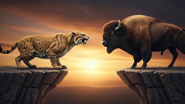 Dramatic Standoff Between a Saber-Toothed Tiger and Bison on Cliffs at Sunset with Orange Sky