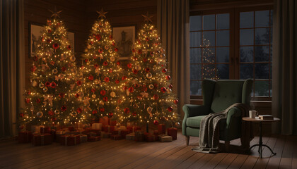 Naklejka premium Cozy Christmas evening with three glowing decorated trees
