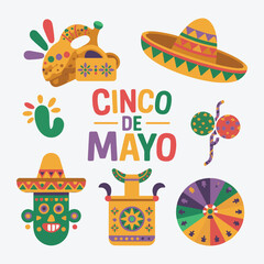 Cinco de Mayo Flat Design Vector Elements Collection with Sombrero, Cactus, and Maracas
