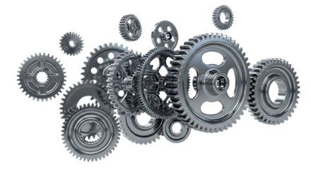 Collection of metallic gears and cogs, interlocking and arranged in a mechanical assembly, cutout, PNG isolated on white or transparent background