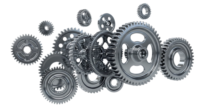 Collection of metallic gears and cogs, interlocking and arranged in a mechanical assembly, cutout, PNG isolated on white or transparent background