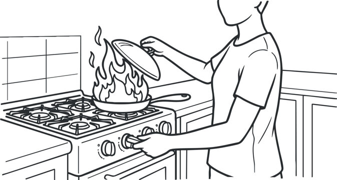 A person adjusting a gas stove with a burning pan in black and white line art style, ideal for kitchen safety awareness and cooking tips