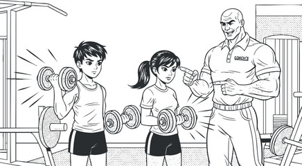 A fitness training scene featuring two young individuals lifting dumbbells with a muscular trainer in a black and white outline style, ideal for gym promotional materials