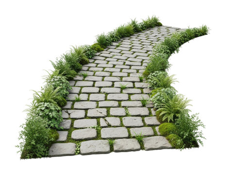 Scenic stone pathway surrounded by lush greenery in nature environment isolated on transparent background - Powered by Adobe