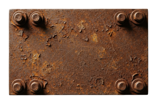 Rusty metal plate with bolts industrial view isolated on transparent background