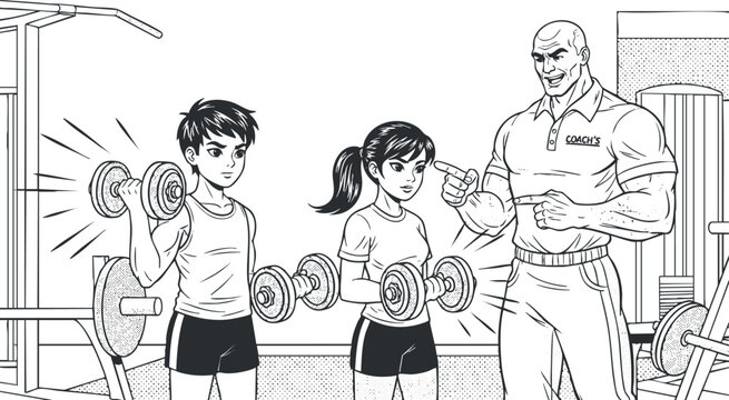 A fitness training scene featuring two young individuals lifting dumbbells with a muscular trainer in a black and white outline style, ideal for gym promotional materials