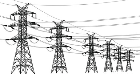 Vector illustration of high voltage electric transmission towers and power lines arranged in perspective row isolated on white background.