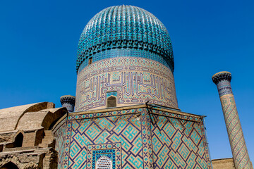 Uzbekistan architecture in Samarkand and Bukhara with intricate mosaics blue domes ancient madrasas Islamic patterns historic monuments vibrant tilework and cultural heritage in bright daylight