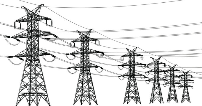 Vector illustration of high voltage electric transmission towers and power lines arranged in perspective row isolated on white background.