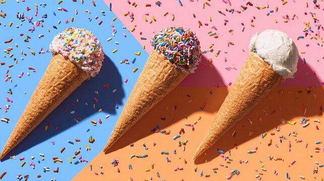 top view ice cream cones decorated with colorful sprinkles on bright minimal surface. scene conveys summer joy, sweetness, playful vibes, ideal for food visuals, dessert content, lifestyle projects