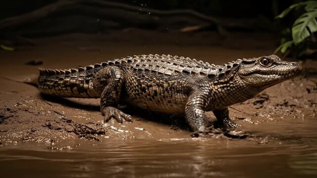 Dwarf Caiman Resting on Muddy Riverbank with Dark Water and Shadowy Green Foliage Background under Natural Lighting