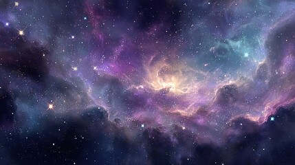 colorful nebula clouds with bright stars and wide copy space under glowing cosmic light. scene conveys wonder, mystery and vastness of universe, ideal for science fiction, space projects, digital art
