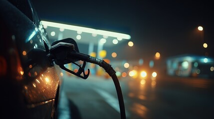 Close-up of car refueling at night under artificial light. scene conveys modern lifestyle, urban environment, convenience, ideal for automotive visuals, fuel station concepts and commercial projects