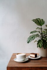 Minimalist vertical shot serene cafe table with fresh cup of coffee, slice of cake, simple green plant against white walls. concept of slow living, comfort, cafe identity, elegant food presentation