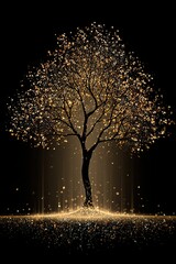 Elegant tree silhouette illustration with shimmering golden leaves and soft glowing light. image emphasizes harmony, refined aesthetics, perfect for posters, digital media, home decor concepts